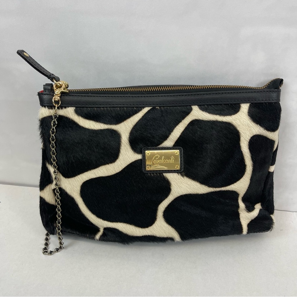 Cavalcanti Giraffe Print Calf Hair Leather Wristlet Clutch Bag Black White